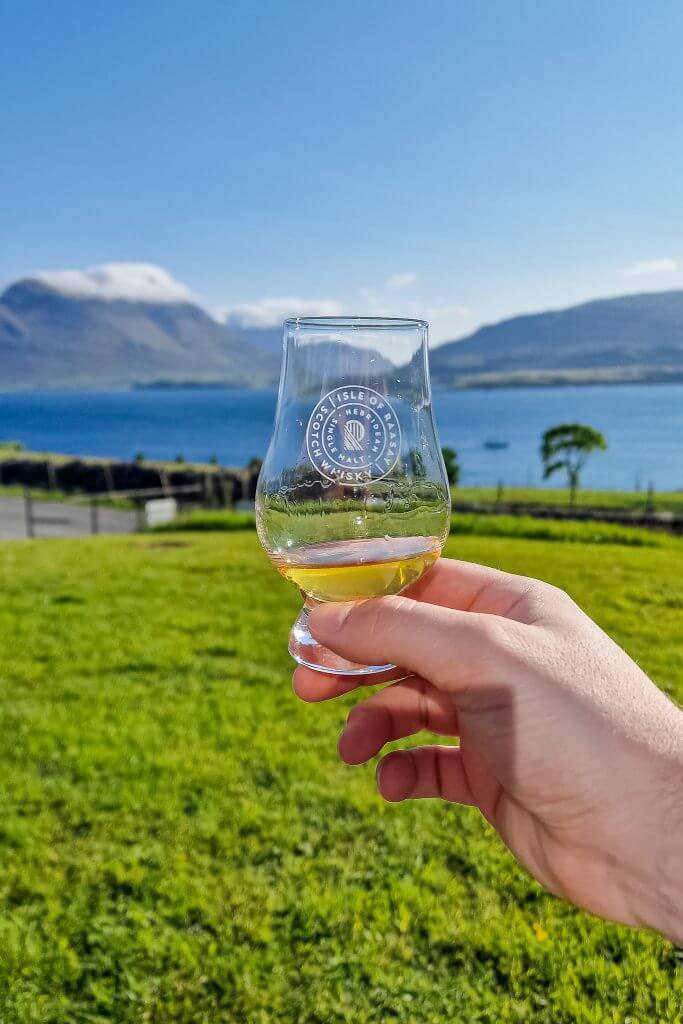 Hand holding a whisky glass with a scenic background of mountains and water.